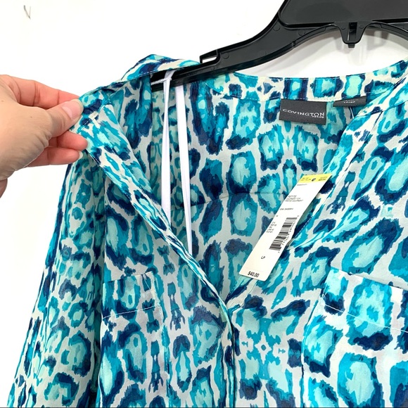 Covington Petite Women's Blue White Aqua V-Neck Button Down 3/4 Sleeve Blouse - Picture 12 of 12